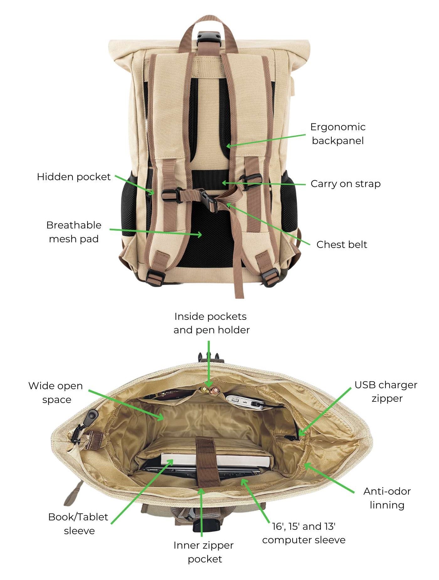 Everyday Rugzak in Beige en Groen